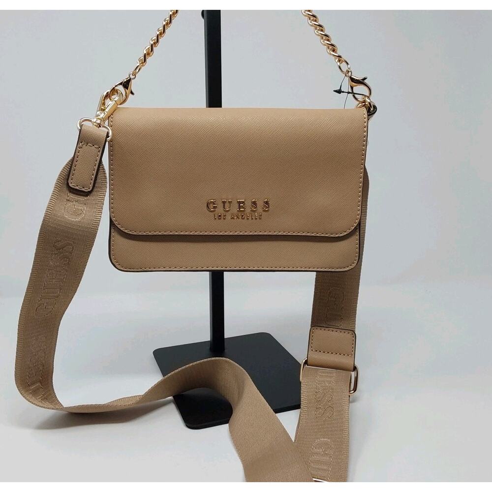 GUESS Los Angeles Taupe Crossbody Bag Gold Chain Logo Strap Purse